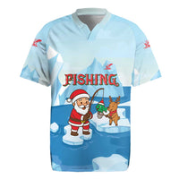 Christmas Fishing Rugby Jersey with Santa Claus Reindeer Iceberg and Merry Fishmas Design - Wonder Print Shop