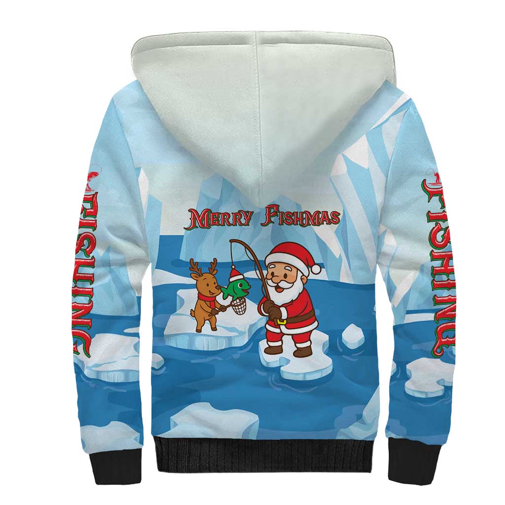 Christmas Fishing Sherpa Hoodie with Santa Claus Reindeer Iceberg and Merry Fishmas Design - Wonder Print Shop