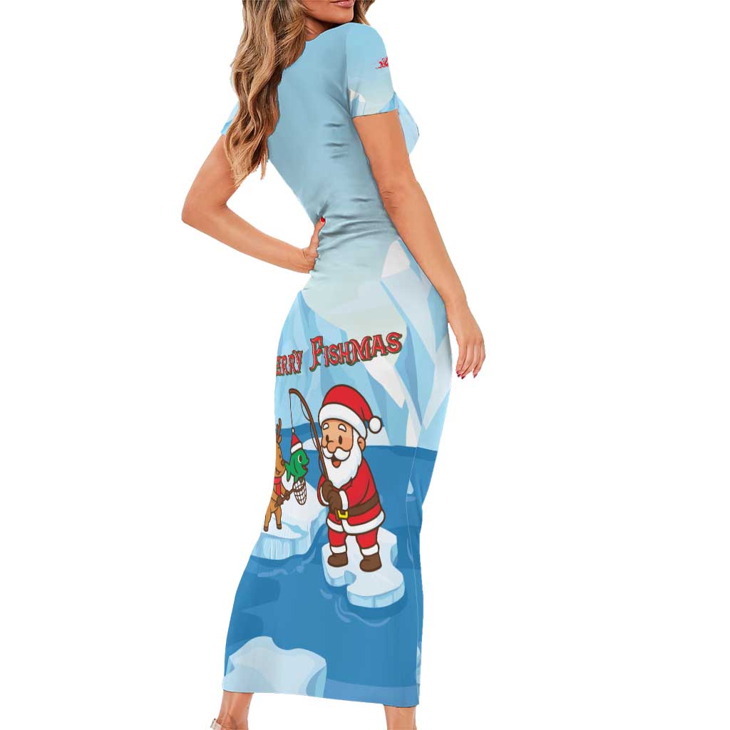 Christmas Fishing Short Sleeve Bodycon Dress with Santa Claus Reindeer Iceberg and Merry Fishmas Design - Wonder Print Shop