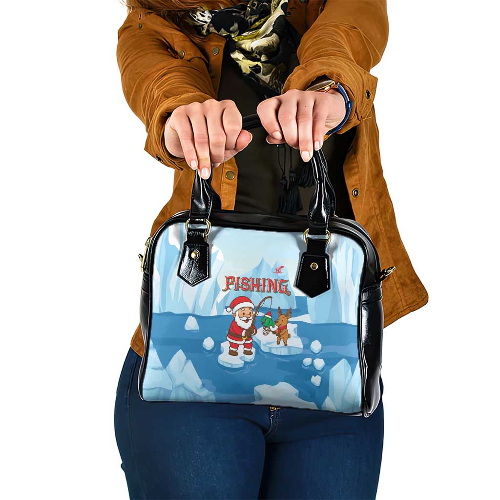 Christmas Fishing Shoulder Handbag with Santa Claus Reindeer Iceberg and Merry Fishmas Design - Wonder Print Shop