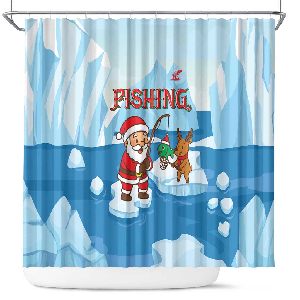 Christmas Fishing Shower Curtain with Santa Claus Reindeer Iceberg and Merry Fishmas Design - Wonder Print Shop