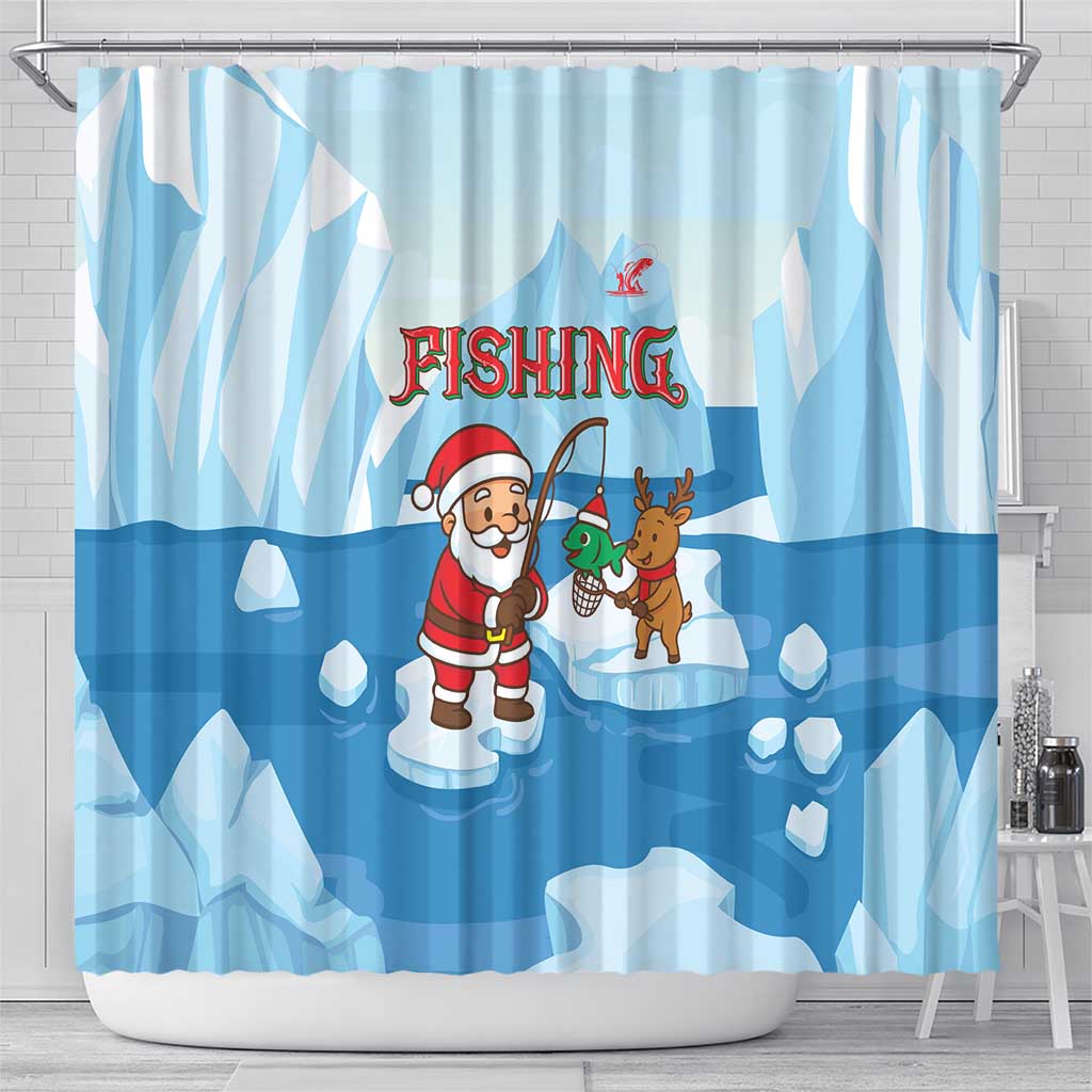 Christmas Fishing Shower Curtain with Santa Claus Reindeer Iceberg and Merry Fishmas Design - Wonder Print Shop