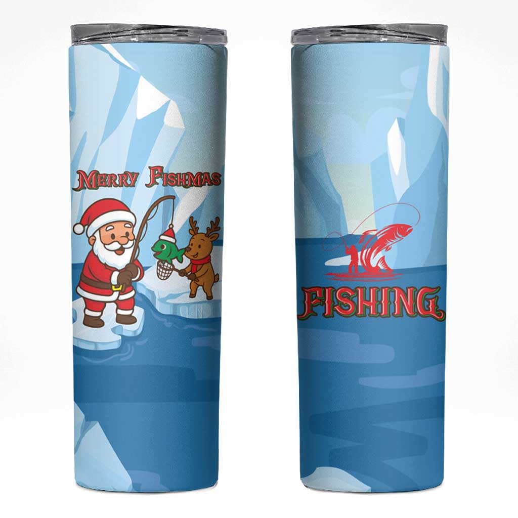 Christmas Fishing Skinny Tumbler with Santa Claus Reindeer Iceberg and Merry Fishmas Design - Wonder Print Shop