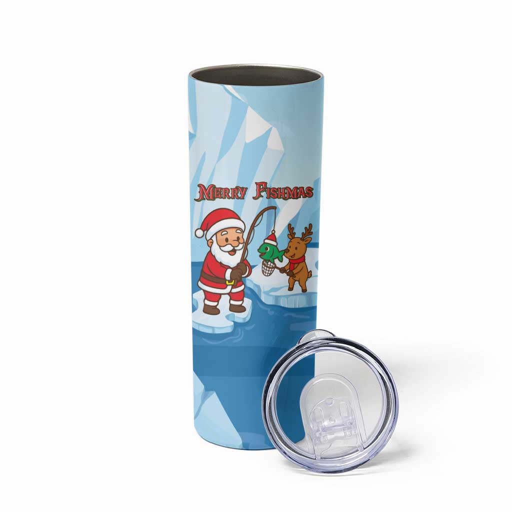 Christmas Fishing Skinny Tumbler with Santa Claus Reindeer Iceberg and Merry Fishmas Design - Wonder Print Shop