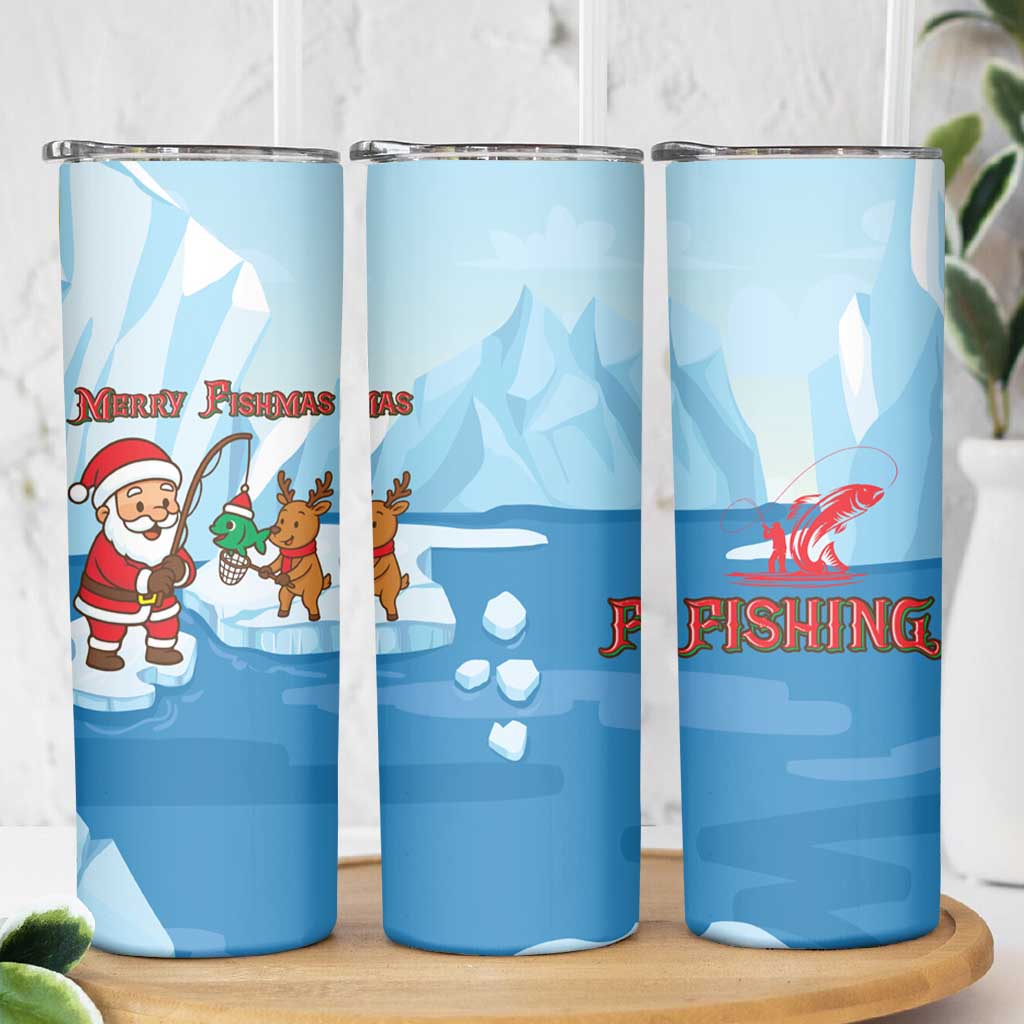 Christmas Fishing Skinny Tumbler with Santa Claus Reindeer Iceberg and Merry Fishmas Design - Wonder Print Shop