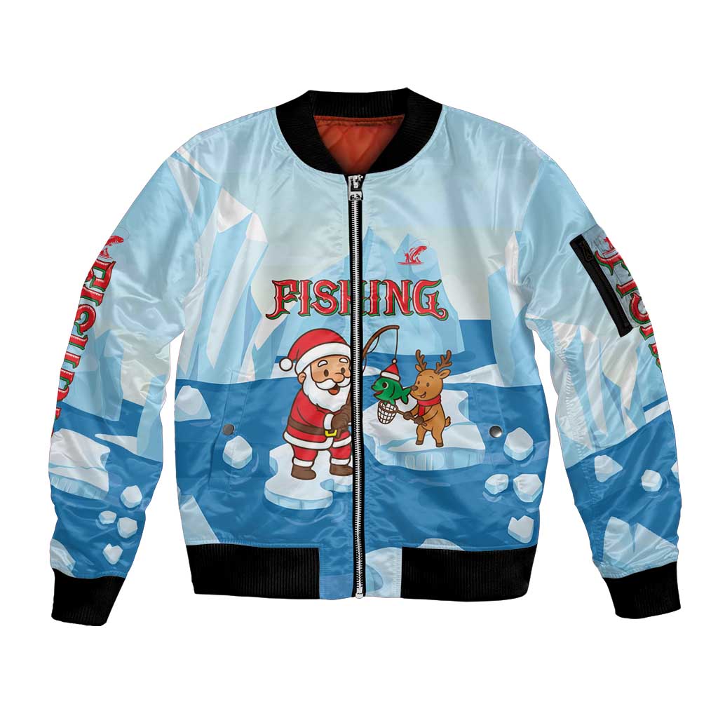 Christmas Fishing Sleeve Zip Bomber Jacket with Santa Claus Reindeer Iceberg and Merry Fishmas Design - Wonder Print Shop