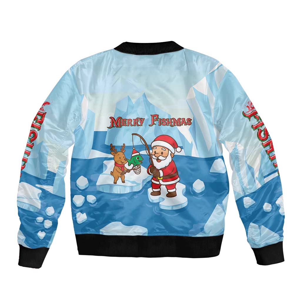 Christmas Fishing Sleeve Zip Bomber Jacket with Santa Claus Reindeer Iceberg and Merry Fishmas Design - Wonder Print Shop