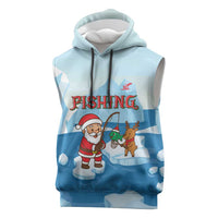 Christmas Fishing Sleeveless Hoodie with Santa Claus Reindeer Iceberg and Merry Fishmas Design - Wonder Print Shop