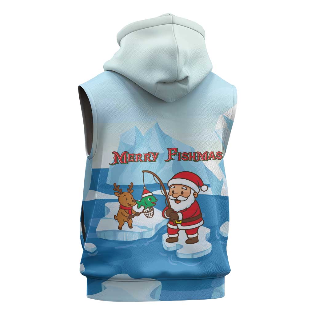 Christmas Fishing Sleeveless Hoodie with Santa Claus Reindeer Iceberg and Merry Fishmas Design - Wonder Print Shop