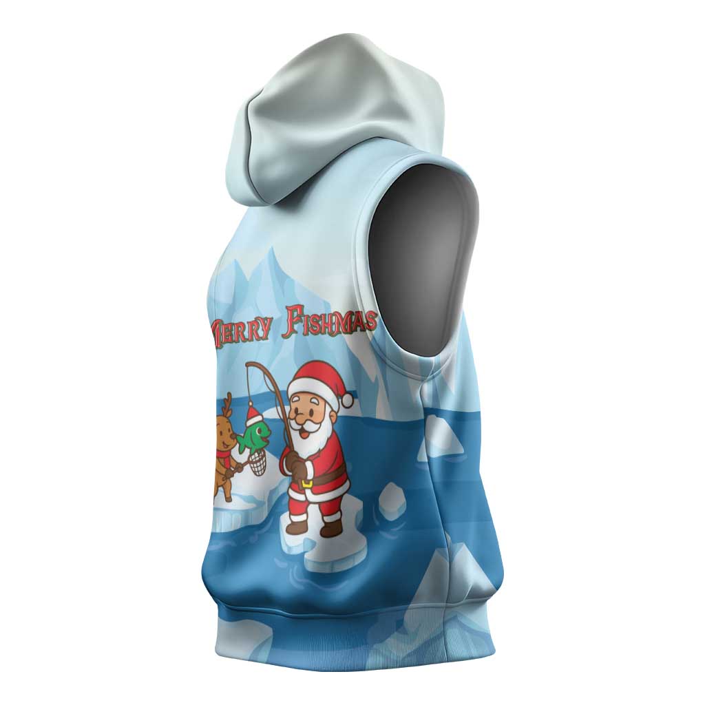 Christmas Fishing Sleeveless Hoodie with Santa Claus Reindeer Iceberg and Merry Fishmas Design - Wonder Print Shop