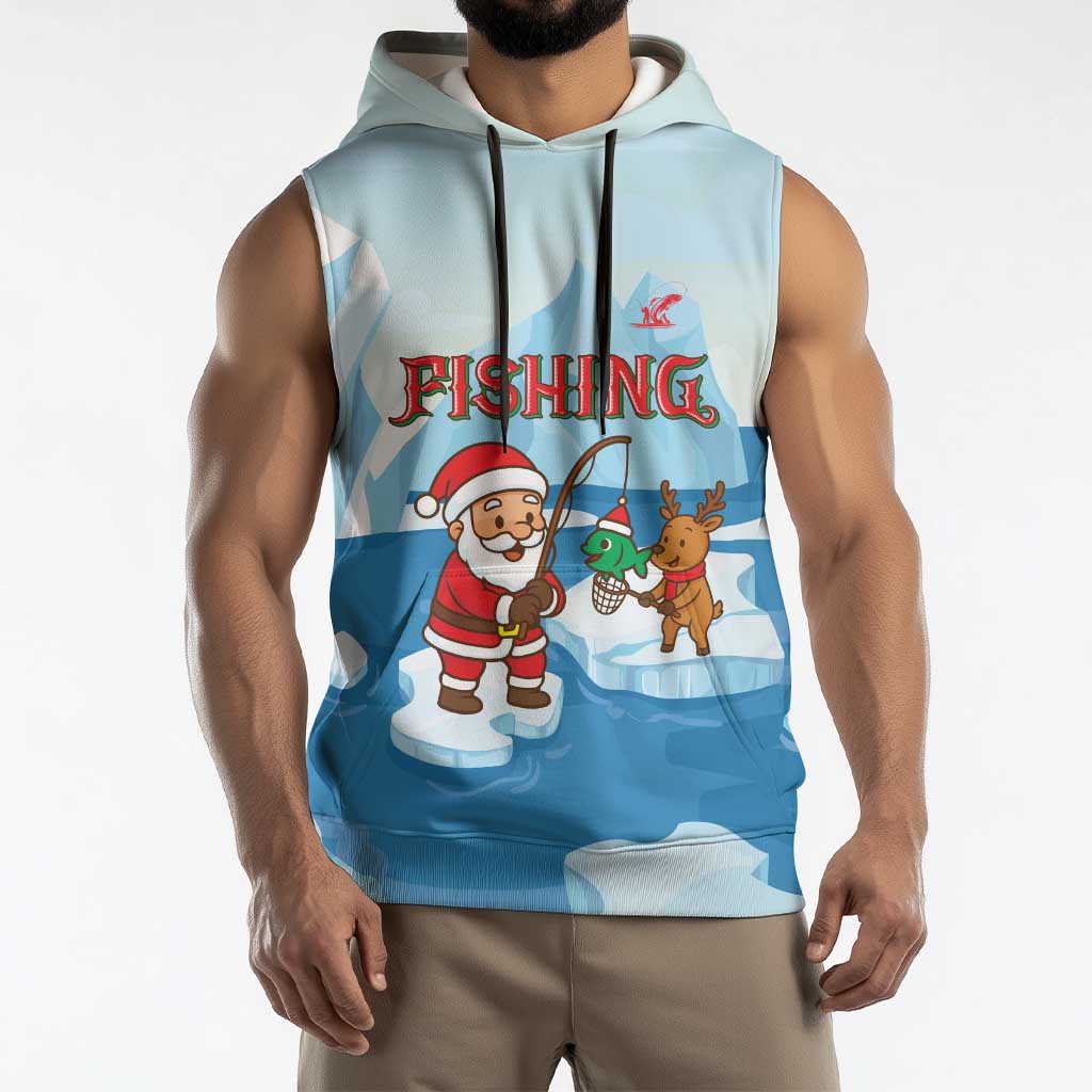 Christmas Fishing Sleeveless Hoodie with Santa Claus Reindeer Iceberg and Merry Fishmas Design - Wonder Print Shop