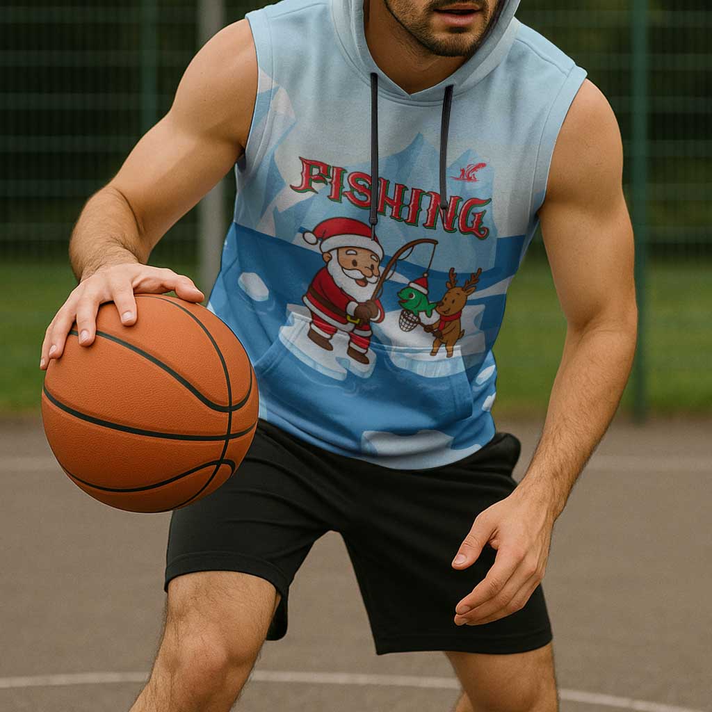 Christmas Fishing Sleeveless Hoodie with Santa Claus Reindeer Iceberg and Merry Fishmas Design - Wonder Print Shop
