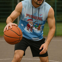 Christmas Fishing Sleeveless Hoodie with Santa Claus Reindeer Iceberg and Merry Fishmas Design - Wonder Print Shop