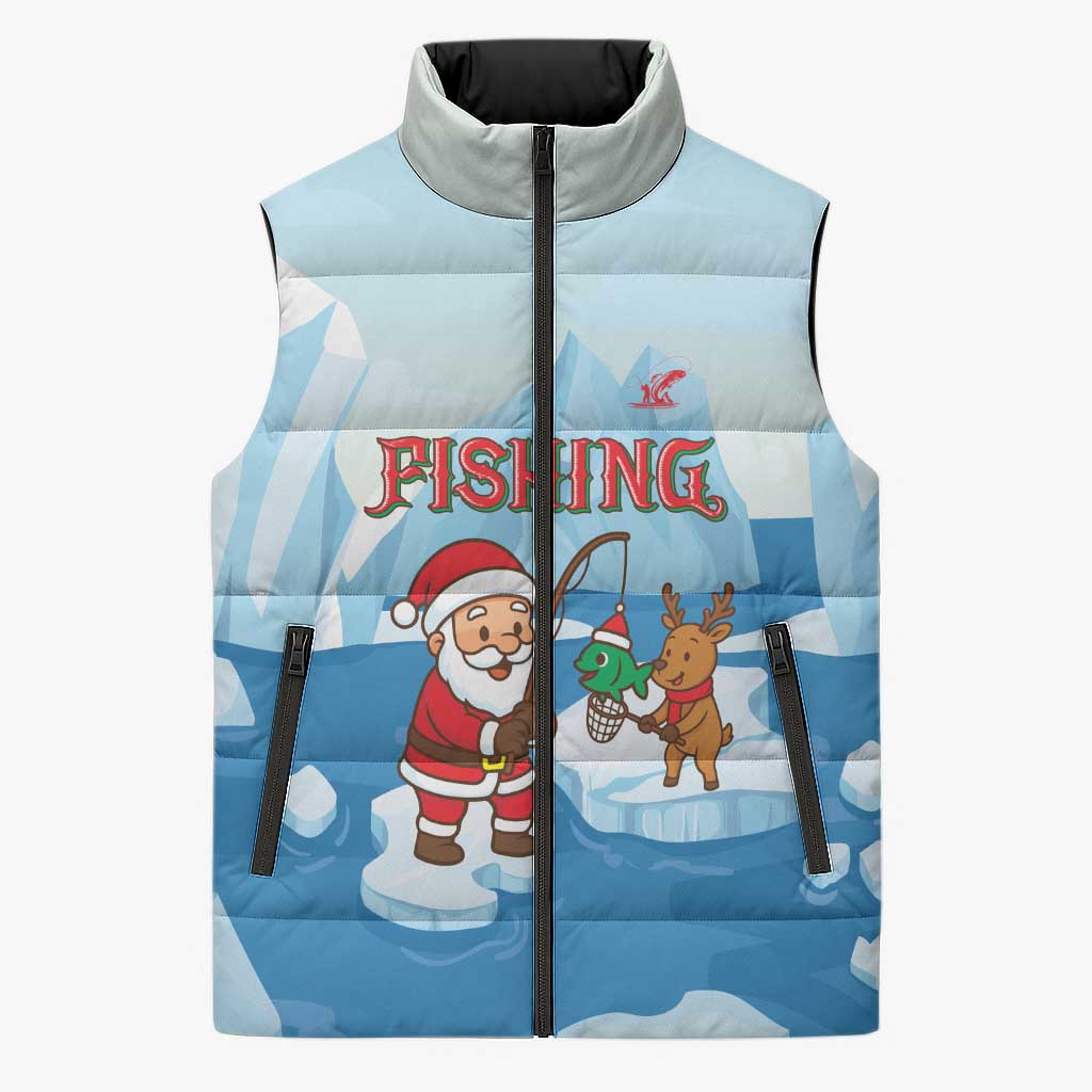 Christmas Fishing Sleeveless Puffer Jacket with Santa Claus Reindeer Iceberg and Merry Fishmas Design - Wonder Print Shop