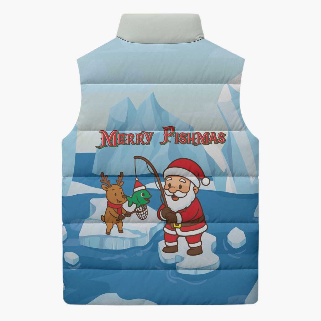 Christmas Fishing Sleeveless Puffer Jacket with Santa Claus Reindeer Iceberg and Merry Fishmas Design - Wonder Print Shop