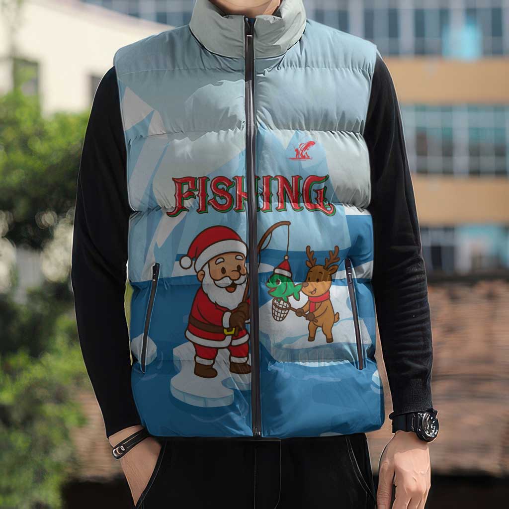 Christmas Fishing Sleeveless Puffer Jacket with Santa Claus Reindeer Iceberg and Merry Fishmas Design - Wonder Print Shop