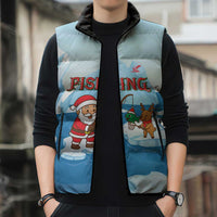Christmas Fishing Sleeveless Puffer Jacket with Santa Claus Reindeer Iceberg and Merry Fishmas Design - Wonder Print Shop