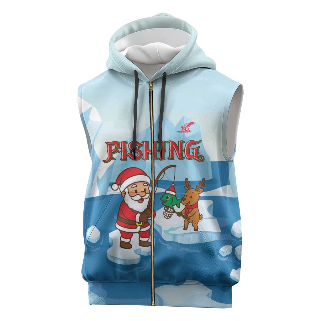 Christmas Fishing Sleeveless Zip Hoodie with Santa Claus Reindeer Iceberg and Merry Fishmas Design - Wonder Print Shop