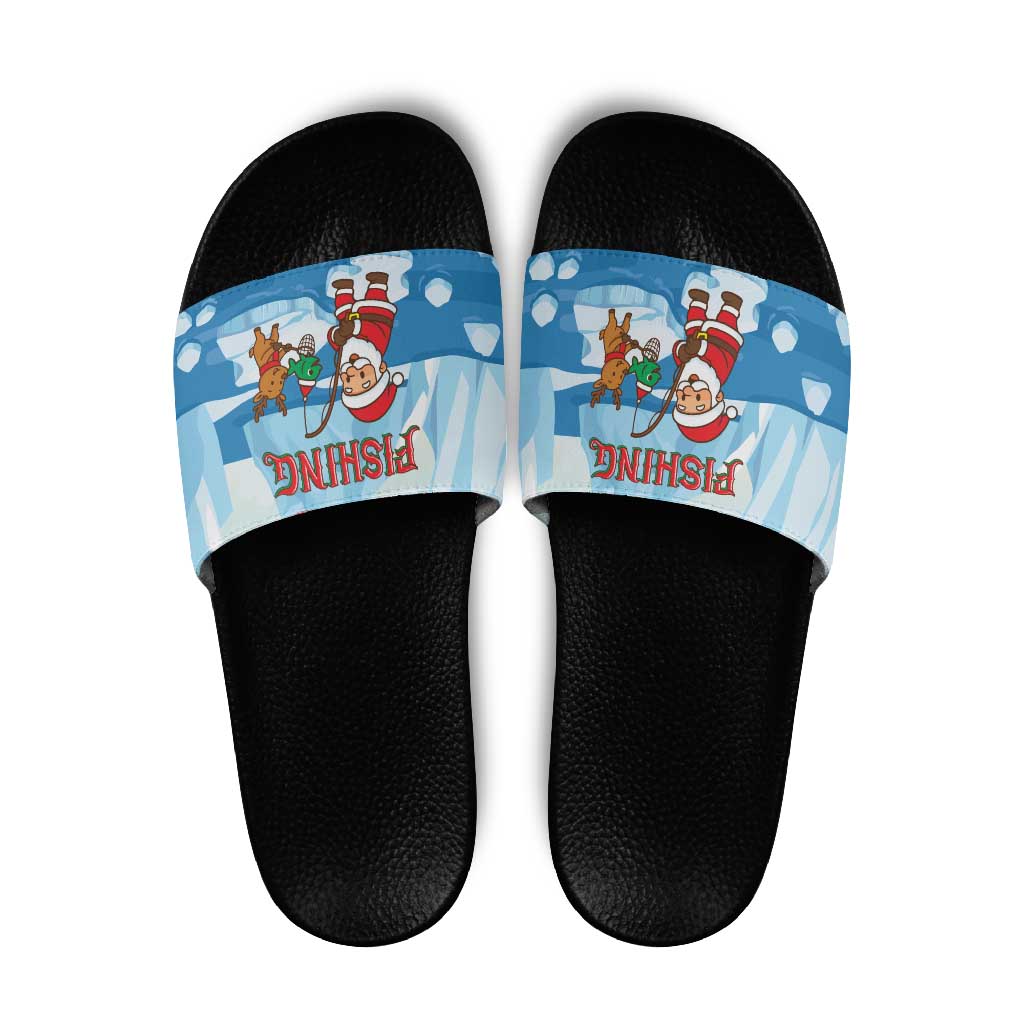 Christmas Fishing Slide Sandals with Santa Claus Reindeer Iceberg and Merry Fishmas Design - Wonder Print Shop