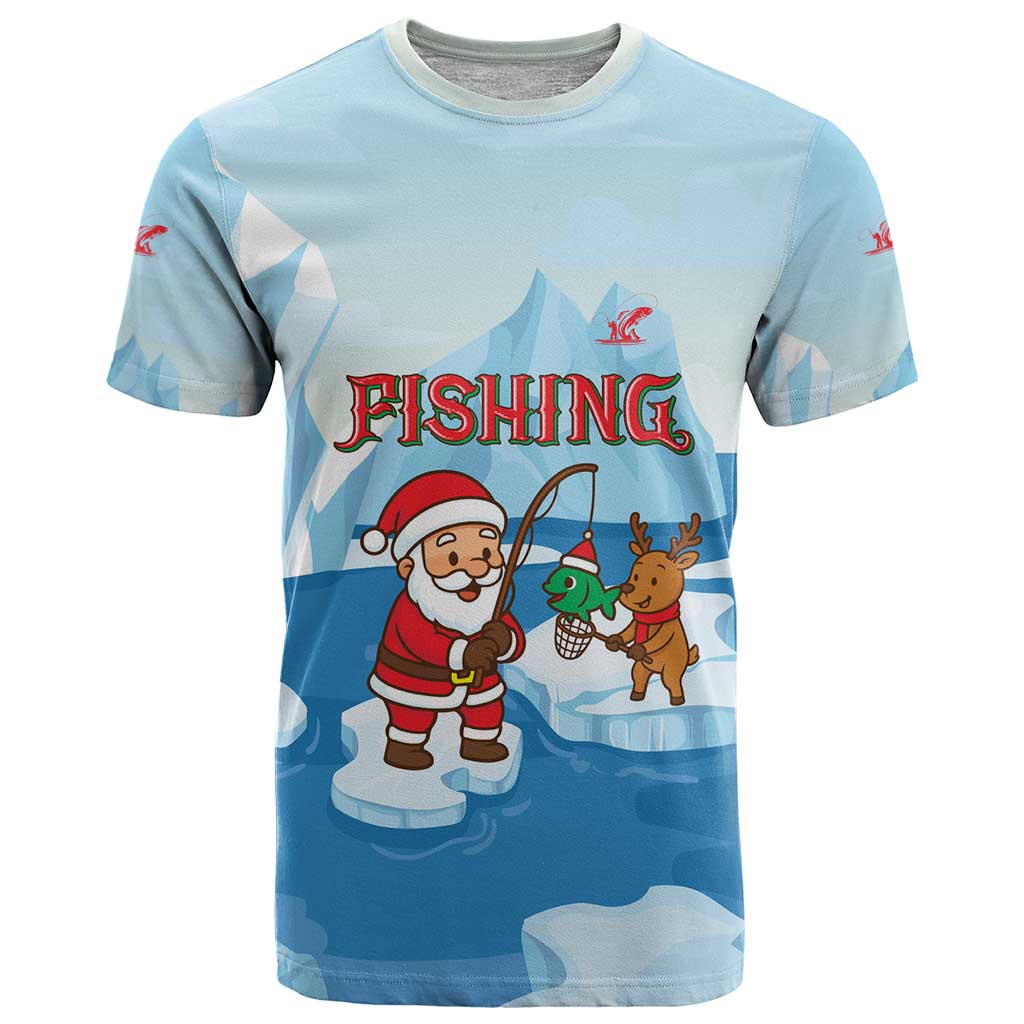 Christmas Fishing T Shirt with Santa Claus Reindeer Iceberg and Merry Fishmas Design - Wonder Print Shop