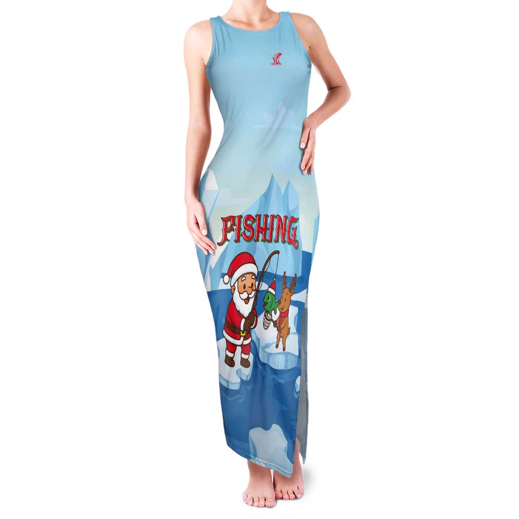Christmas Fishing Tank Maxi Dress with Santa Claus Reindeer Iceberg and Merry Fishmas Design - Wonder Print Shop