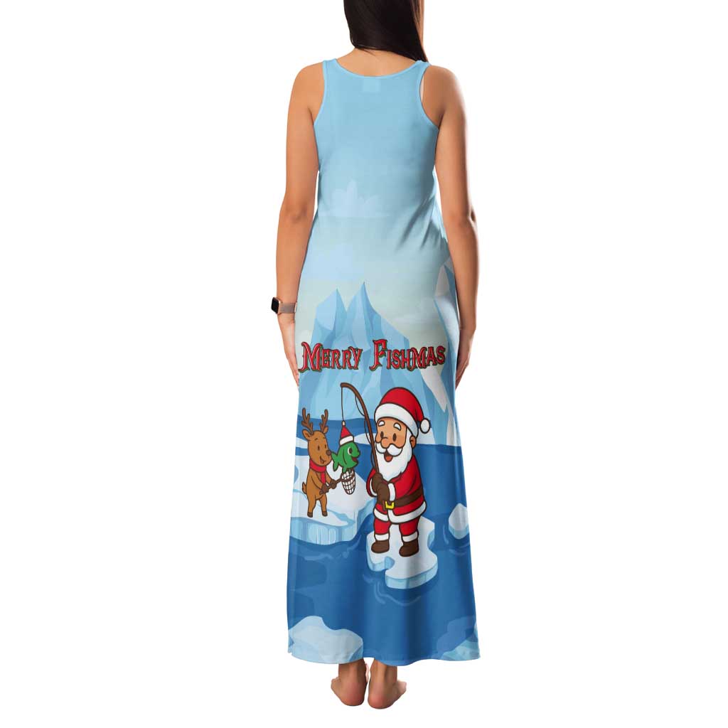 Christmas Fishing Tank Maxi Dress with Santa Claus Reindeer Iceberg and Merry Fishmas Design - Wonder Print Shop