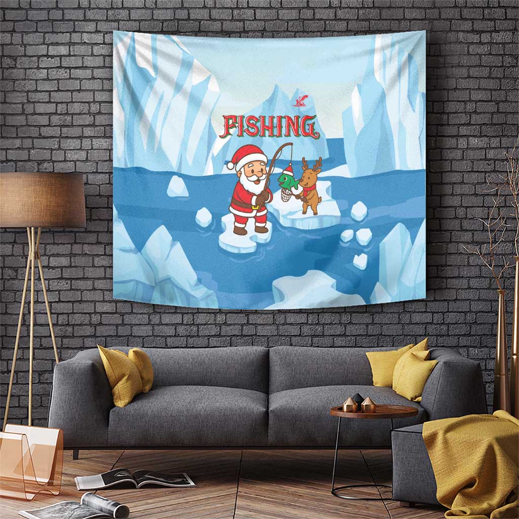 Christmas Fishing Tapestry with Santa Claus Reindeer Iceberg and Merry Fishmas Design - Wonder Print Shop