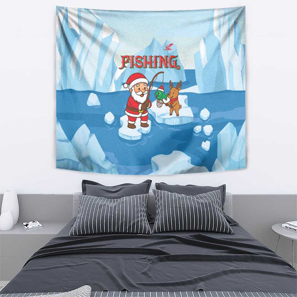 Christmas Fishing Tapestry with Santa Claus Reindeer Iceberg and Merry Fishmas Design - Wonder Print Shop