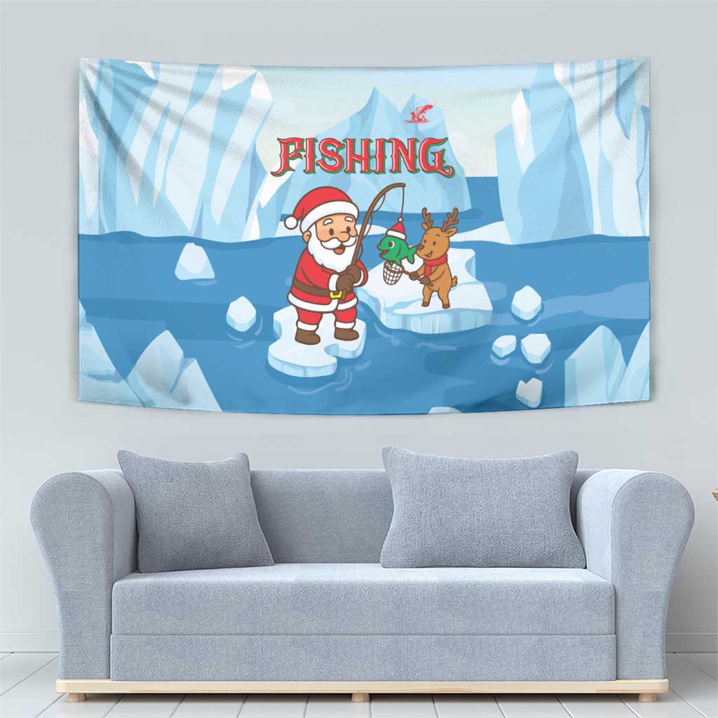 Christmas Fishing Tapestry with Santa Claus Reindeer Iceberg and Merry Fishmas Design - Wonder Print Shop