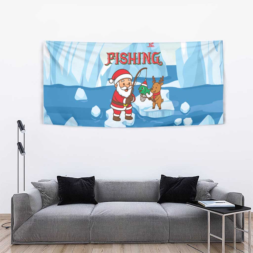 Christmas Fishing Tapestry with Santa Claus Reindeer Iceberg and Merry Fishmas Design - Wonder Print Shop