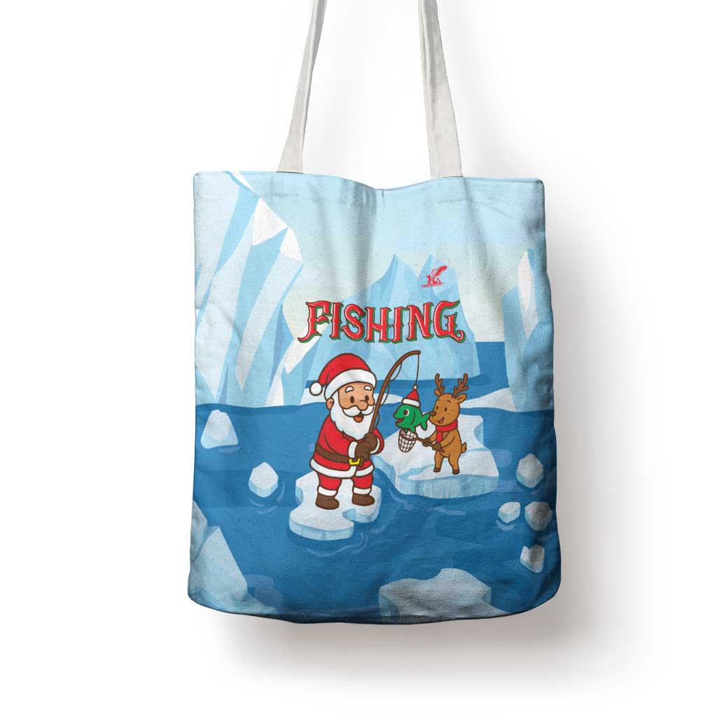 Christmas Fishing Tote Bag with Santa Claus Reindeer Iceberg and Merry Fishmas Design - Wonder Print Shop