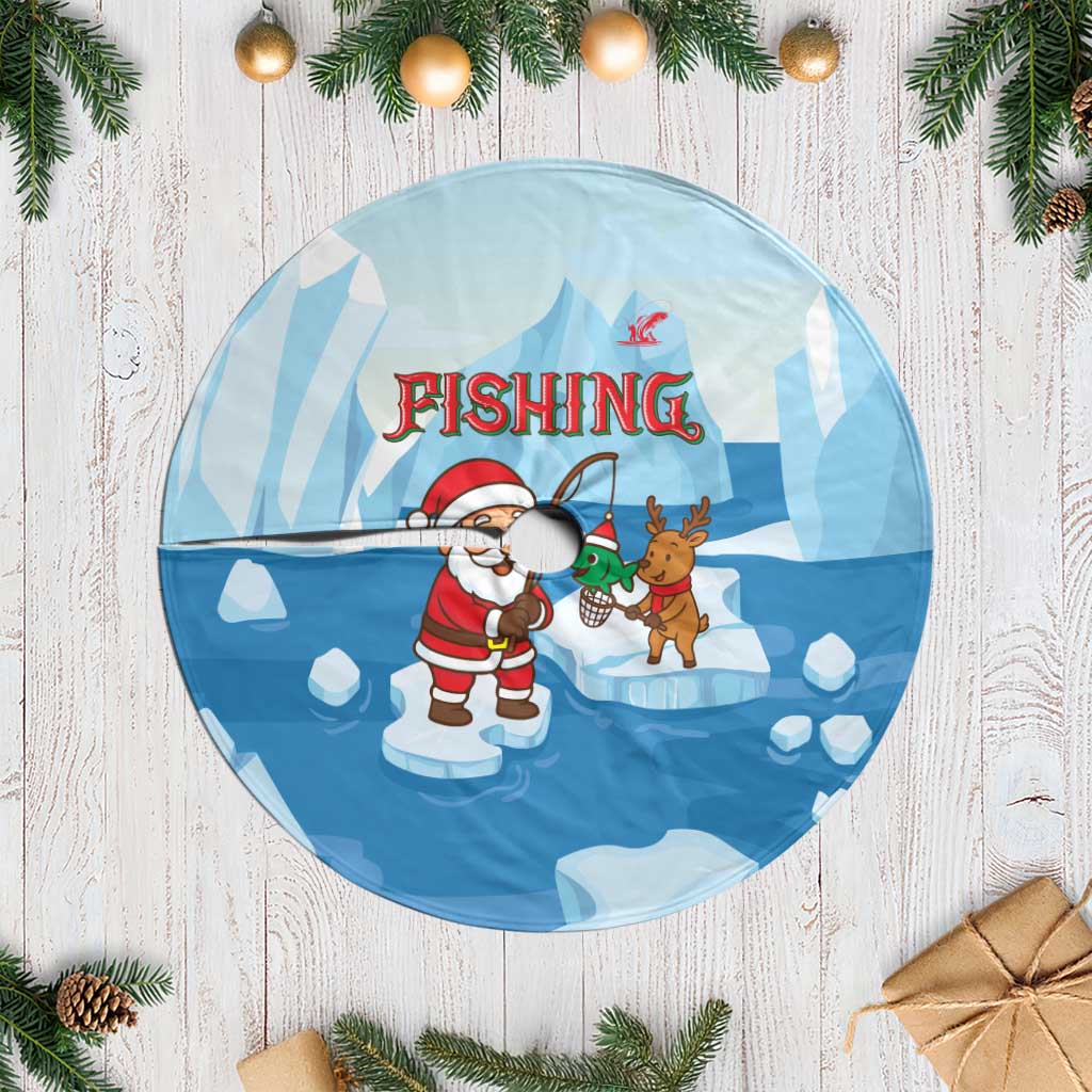 Christmas Fishing Tree Skirt with Santa Claus Reindeer Iceberg and Merry Fishmas Design - Wonder Print Shop