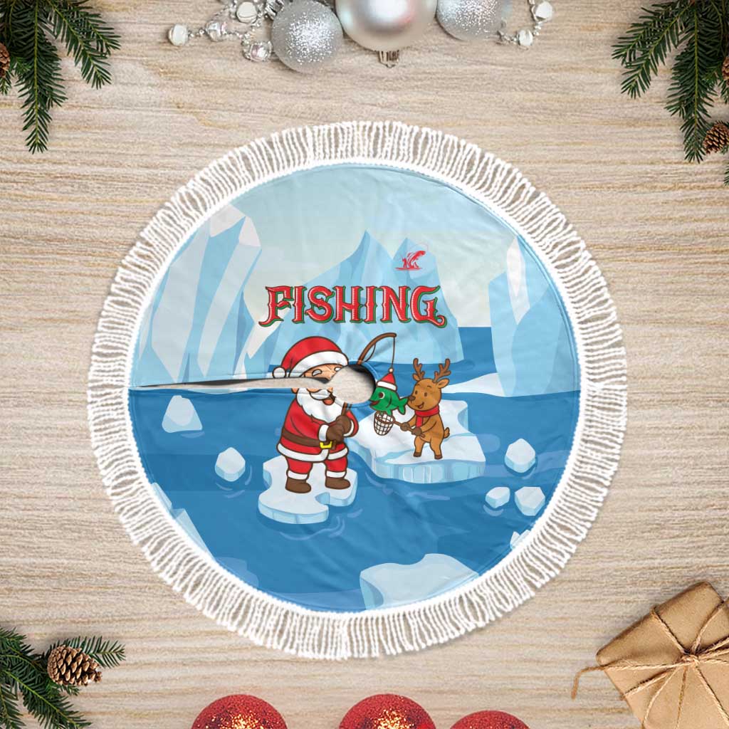 Christmas Fishing Tree Skirt with Santa Claus Reindeer Iceberg and Merry Fishmas Design - Wonder Print Shop