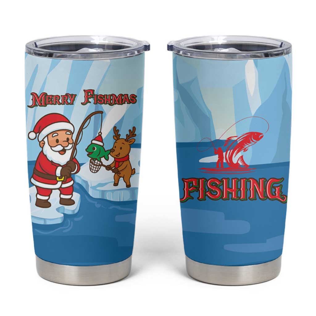 Christmas Fishing Tumbler Cup with Santa Claus Reindeer Iceberg and Merry Fishmas Design - Wonder Print Shop