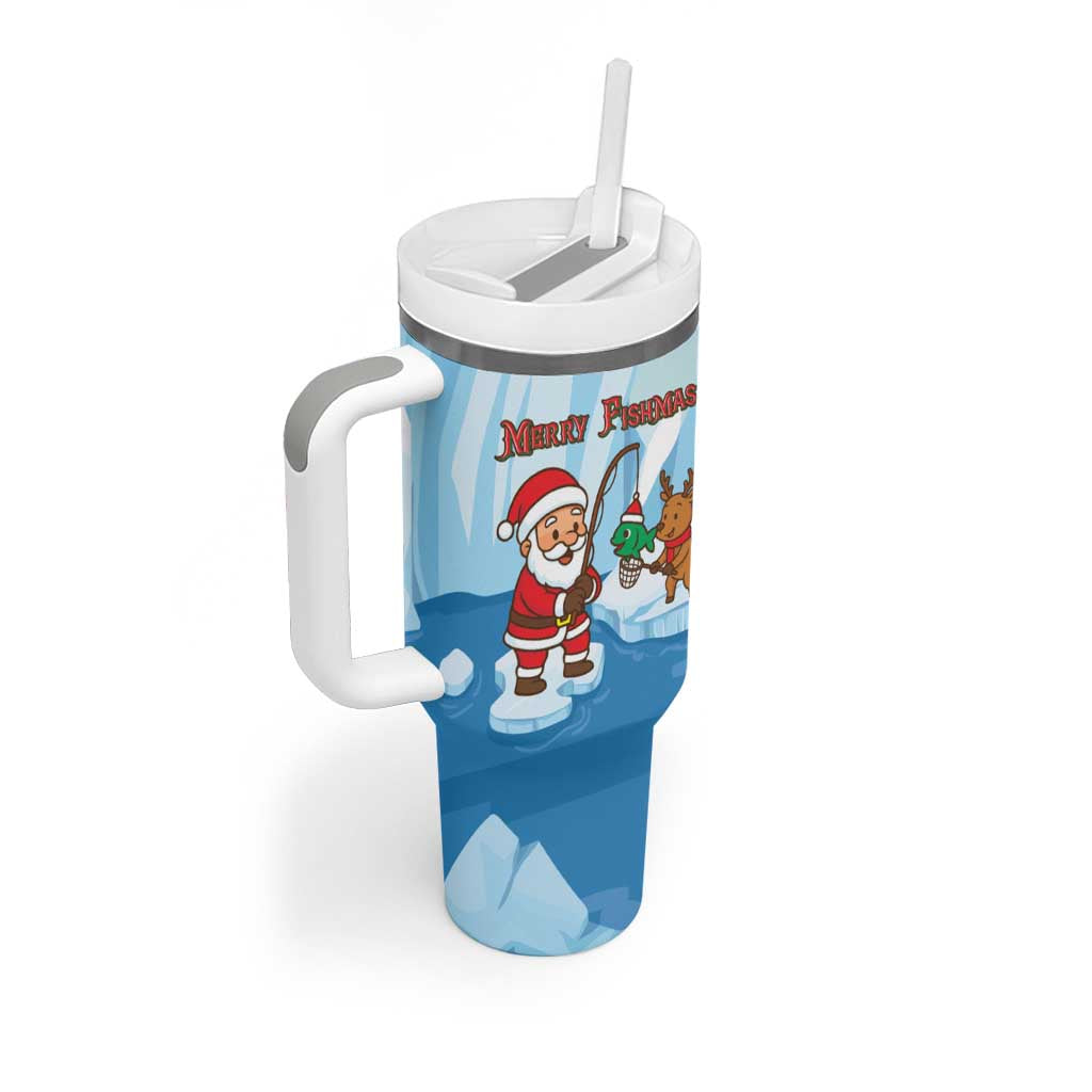 Christmas Fishing Tumbler With Handle with Santa Claus Reindeer Iceberg and Merry Fishmas Design - Wonder Print Shop