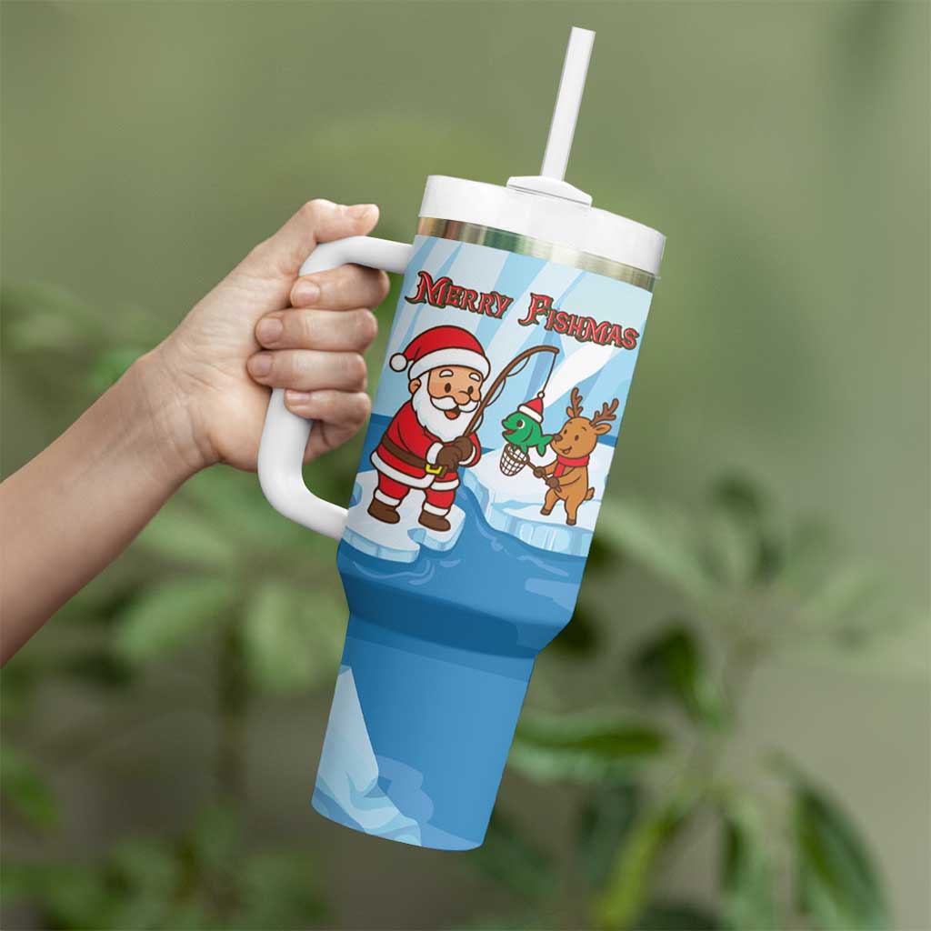 Christmas Fishing Tumbler With Handle with Santa Claus Reindeer Iceberg and Merry Fishmas Design - Wonder Print Shop