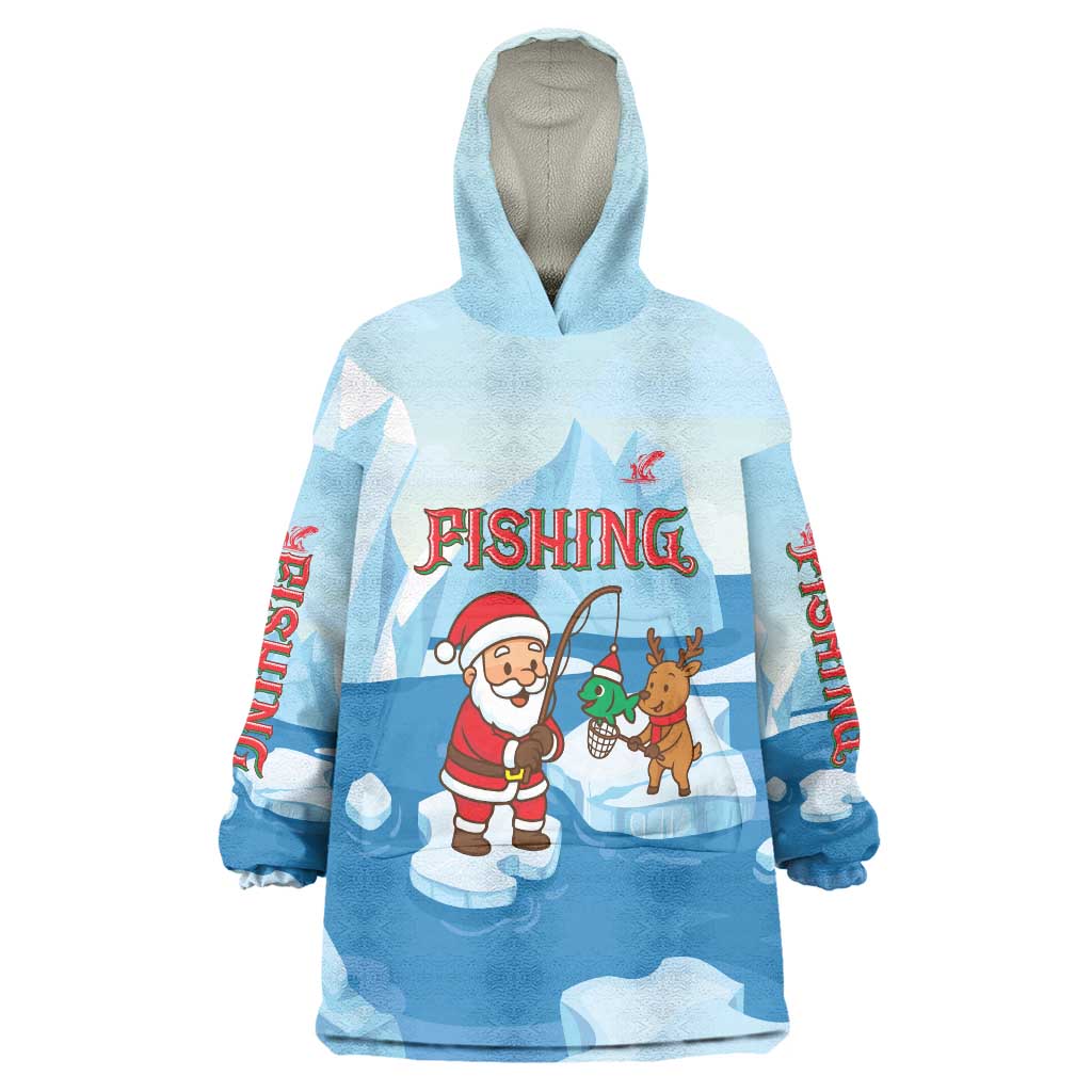 Christmas Fishing Wearable Blanket Hoodie with Santa Claus Reindeer Iceberg and Merry Fishmas Design - Wonder Print Shop