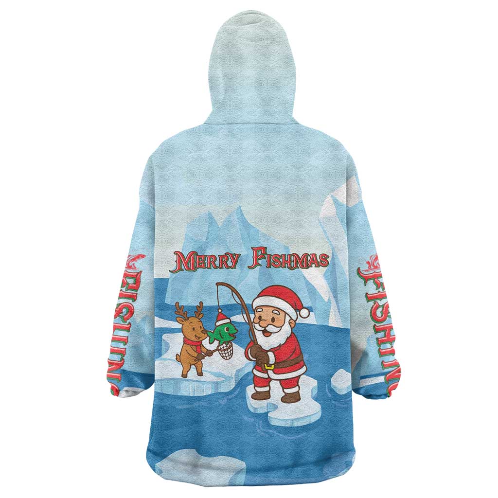 Christmas Fishing Wearable Blanket Hoodie with Santa Claus Reindeer Iceberg and Merry Fishmas Design - Wonder Print Shop