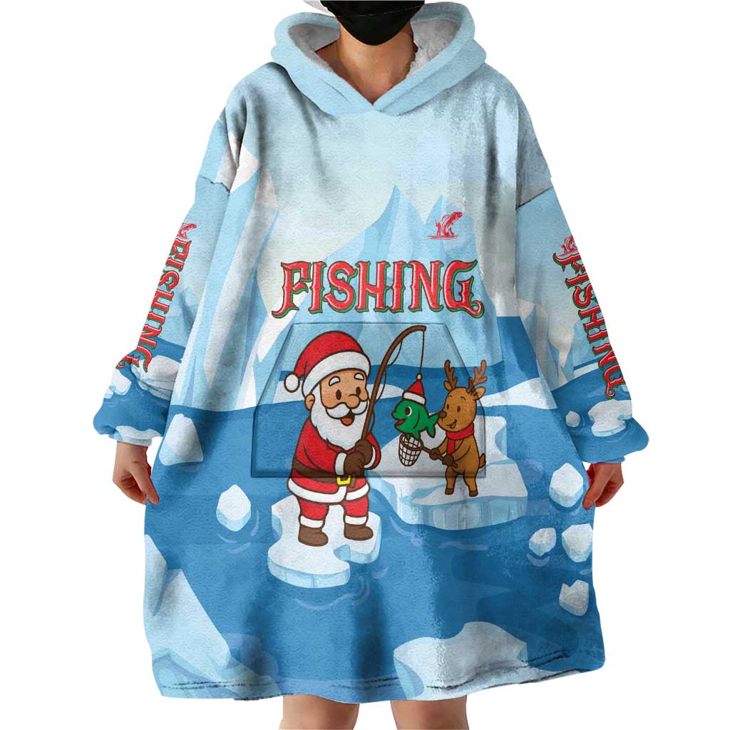 Christmas Fishing Wearable Blanket Hoodie with Santa Claus Reindeer Iceberg and Merry Fishmas Design - Wonder Print Shop