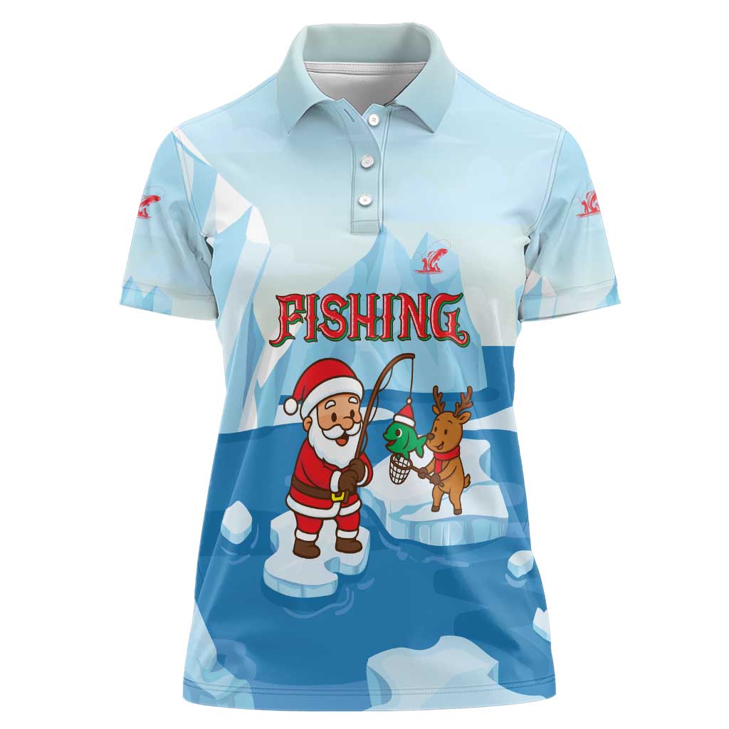 Christmas Fishing Women Polo Shirt with Santa Claus Reindeer Iceberg and Merry Fishmas Design - Wonder Print Shop
