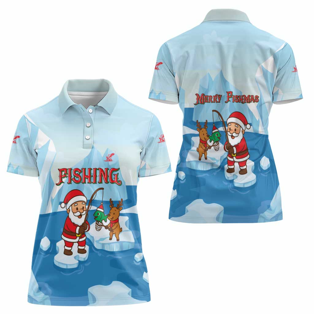 Christmas Fishing Women Polo Shirt with Santa Claus Reindeer Iceberg and Merry Fishmas Design - Wonder Print Shop