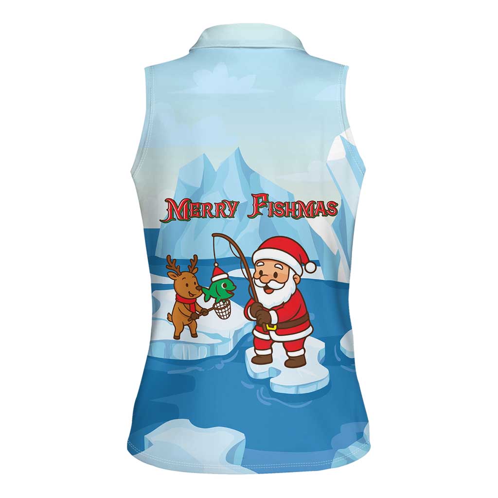 Christmas Fishing Women Sleeveless Polo Shirt with Santa Claus Reindeer Iceberg and Merry Fishmas Design - Wonder Print Shop