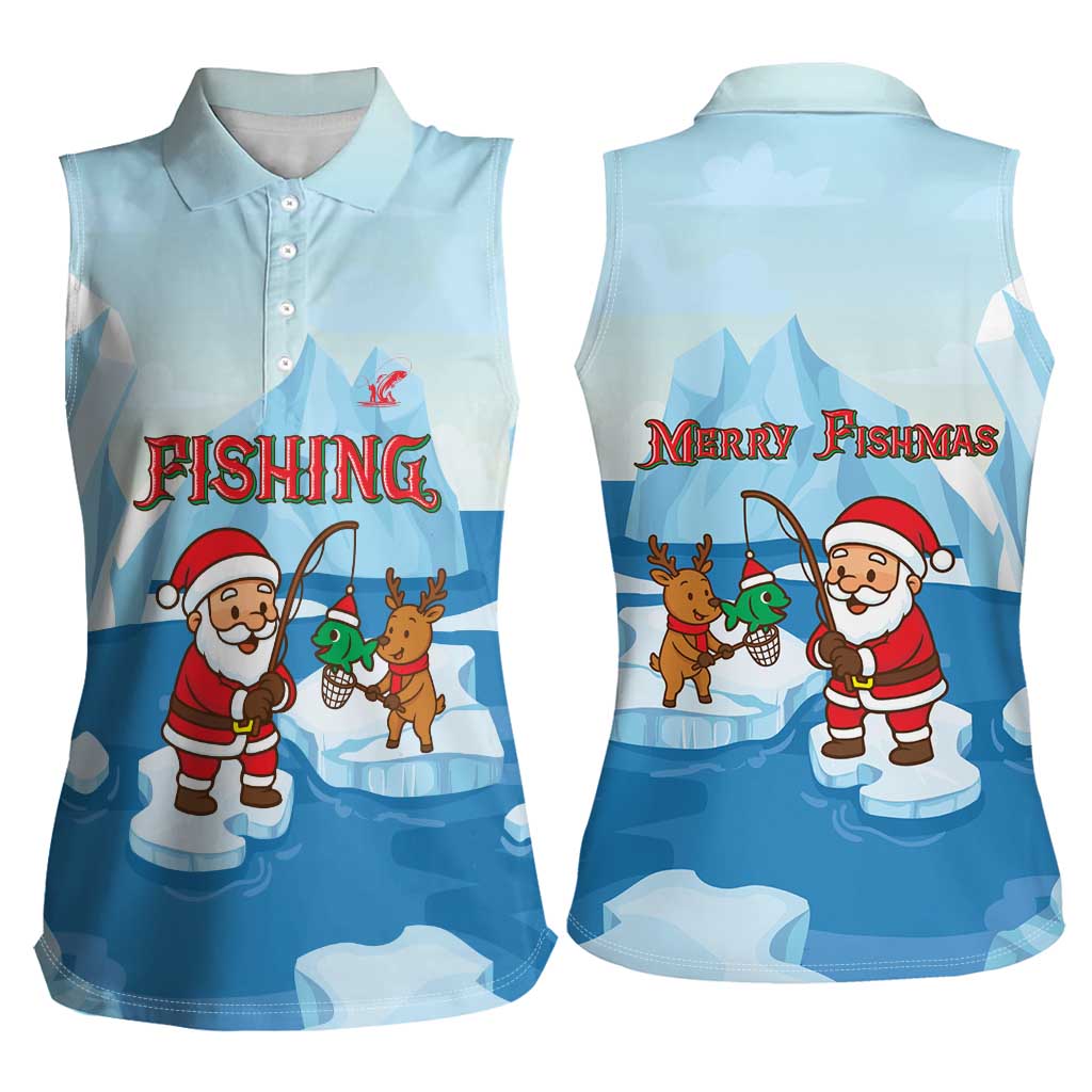 Christmas Fishing Women Sleeveless Polo Shirt with Santa Claus Reindeer Iceberg and Merry Fishmas Design - Wonder Print Shop
