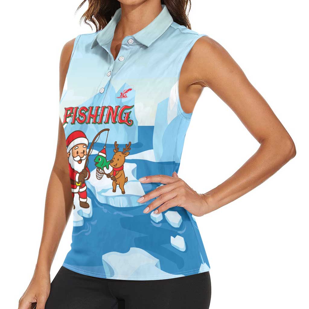 Christmas Fishing Women Sleeveless Polo Shirt with Santa Claus Reindeer Iceberg and Merry Fishmas Design - Wonder Print Shop