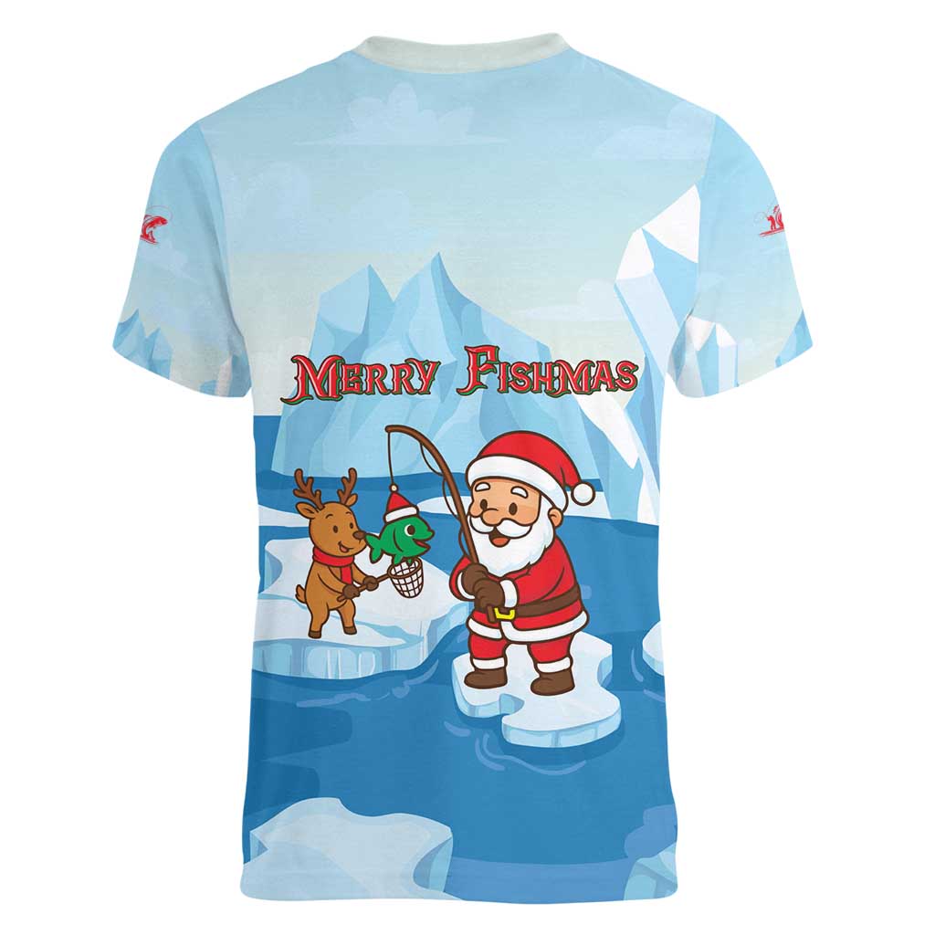 Christmas Fishing Women V-Neck T-Shirt with Santa Claus Reindeer Iceberg and Merry Fishmas Design - Wonder Print Shop
