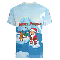 Christmas Fishing Women V-Neck T-Shirt with Santa Claus Reindeer Iceberg and Merry Fishmas Design - Wonder Print Shop