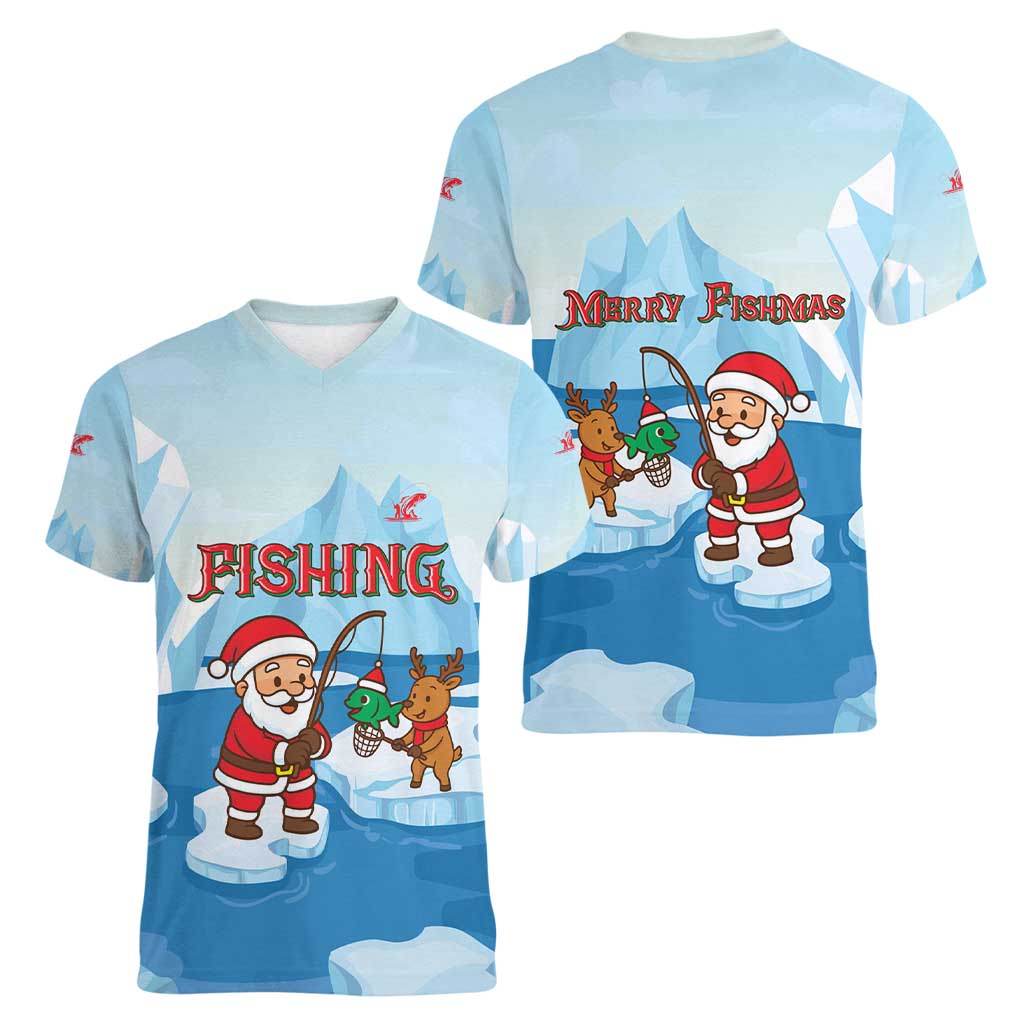 Christmas Fishing Women V-Neck T-Shirt with Santa Claus Reindeer Iceberg and Merry Fishmas Design - Wonder Print Shop
