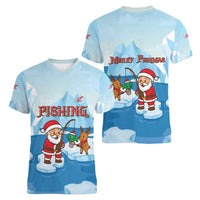 Christmas Fishing Women V-Neck T-Shirt with Santa Claus Reindeer Iceberg and Merry Fishmas Design - Wonder Print Shop