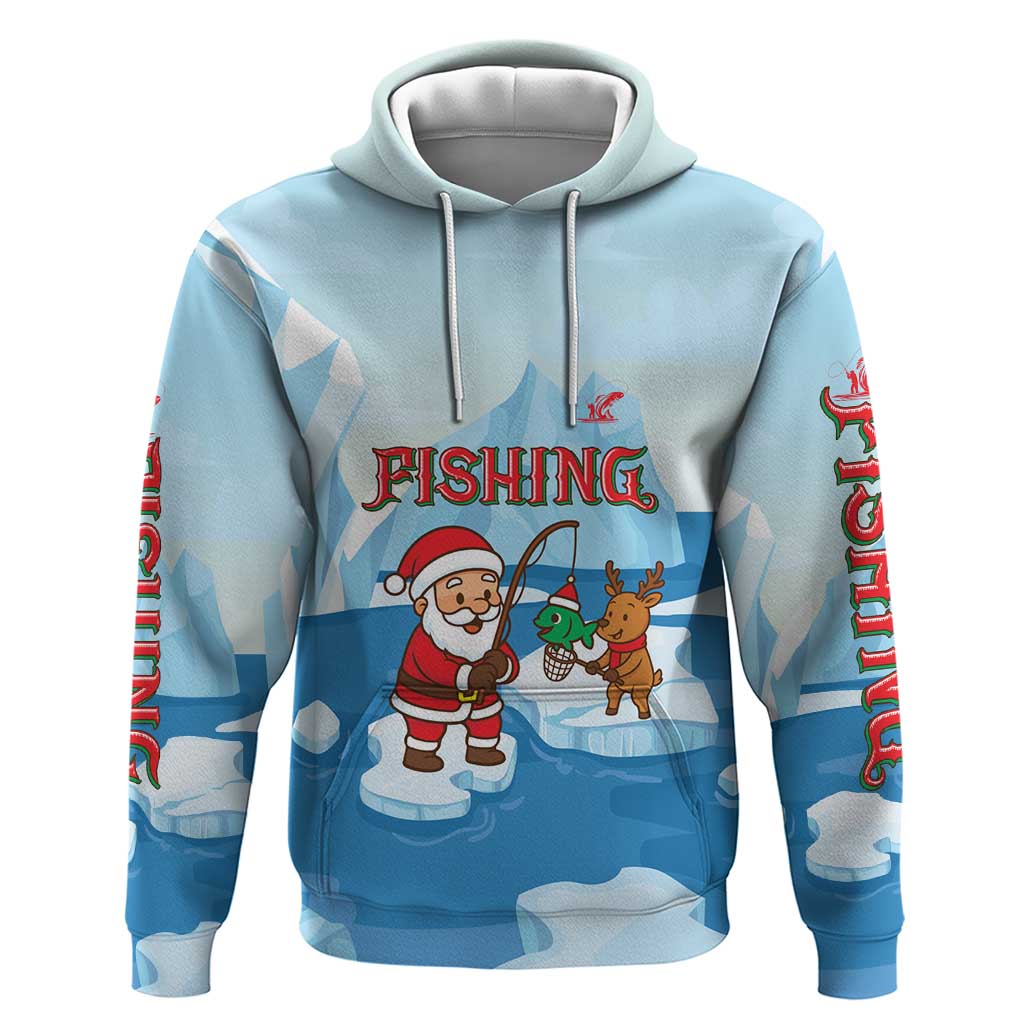Christmas Fishing Zip Hoodie with Santa Claus Reindeer Iceberg and Merry Fishmas Design - Wonder Print Shop