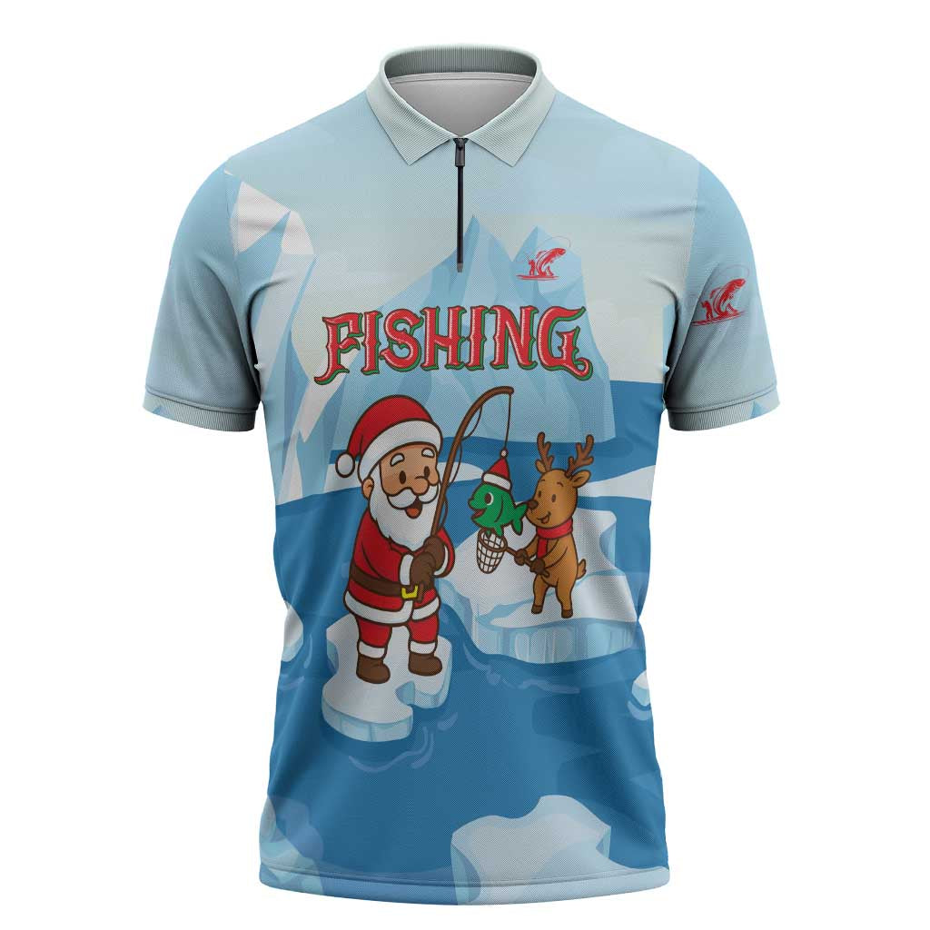 Christmas Fishing Zipper Polo Shirt with Santa Claus Reindeer Iceberg and Merry Fishmas Design - Wonder Print Shop